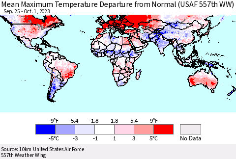 World Mean Maximum Temperature Departure from Normal (USAF 557th WW) Thematic Map For 9/25/2023 - 10/1/2023