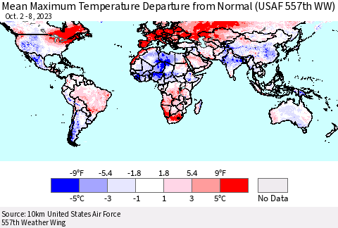World Mean Maximum Temperature Departure from Normal (USAF 557th WW) Thematic Map For 10/2/2023 - 10/8/2023