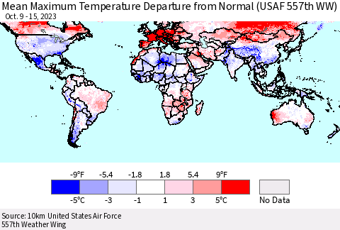 World Mean Maximum Temperature Departure from Normal (USAF 557th WW) Thematic Map For 10/9/2023 - 10/15/2023