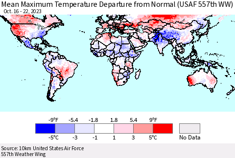 World Mean Maximum Temperature Departure from Normal (USAF 557th WW) Thematic Map For 10/16/2023 - 10/22/2023