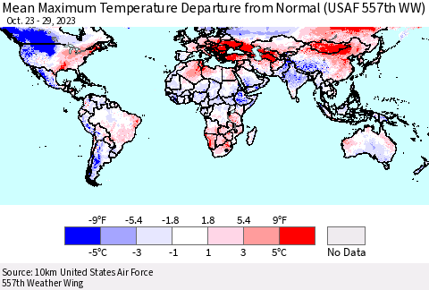 World Mean Maximum Temperature Departure from Normal (USAF 557th WW) Thematic Map For 10/23/2023 - 10/29/2023