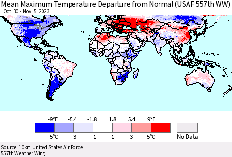 World Mean Maximum Temperature Departure from Normal (USAF 557th WW) Thematic Map For 10/30/2023 - 11/5/2023