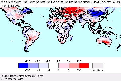 World Mean Maximum Temperature Departure from Normal (USAF 557th WW) Thematic Map For 11/6/2023 - 11/12/2023
