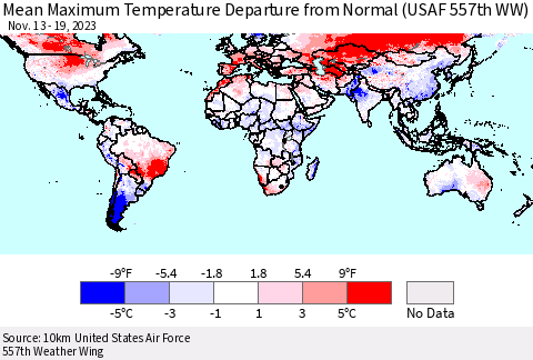 World Mean Maximum Temperature Departure from Normal (USAF 557th WW) Thematic Map For 11/13/2023 - 11/19/2023