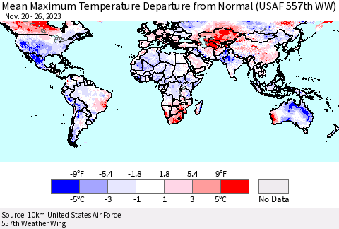 World Mean Maximum Temperature Departure from Normal (USAF 557th WW) Thematic Map For 11/20/2023 - 11/26/2023