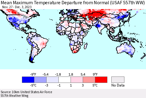 World Mean Maximum Temperature Departure from Normal (USAF 557th WW) Thematic Map For 11/27/2023 - 12/3/2023