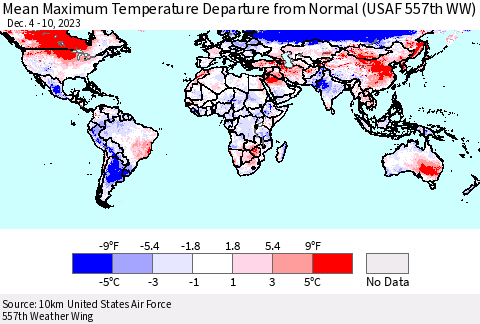 World Mean Maximum Temperature Departure from Normal (USAF 557th WW) Thematic Map For 12/4/2023 - 12/10/2023