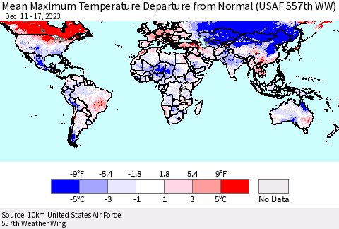 World Mean Maximum Temperature Departure from Normal (USAF 557th WW) Thematic Map For 12/11/2023 - 12/17/2023