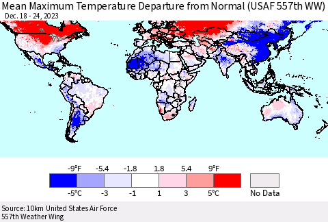 World Mean Maximum Temperature Departure from Normal (USAF 557th WW) Thematic Map For 12/18/2023 - 12/24/2023