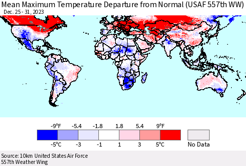 World Mean Maximum Temperature Departure from Normal (USAF 557th WW) Thematic Map For 12/25/2023 - 12/31/2023