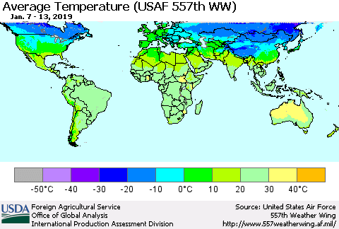 World Average Temperature (USAF 557th WW) Thematic Map For 1/7/2019 - 1/13/2019