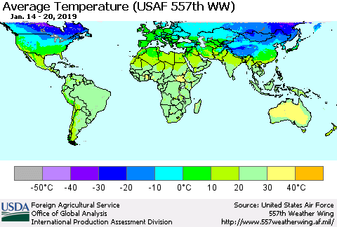 World Average Temperature (USAF 557th WW) Thematic Map For 1/14/2019 - 1/20/2019
