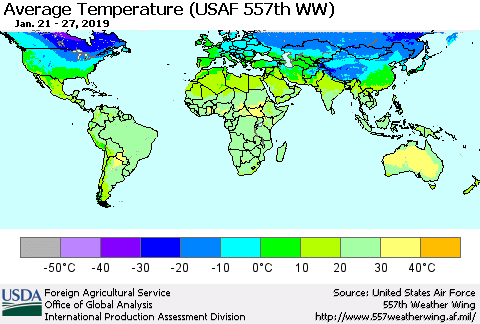 World Average Temperature (USAF 557th WW) Thematic Map For 1/21/2019 - 1/27/2019