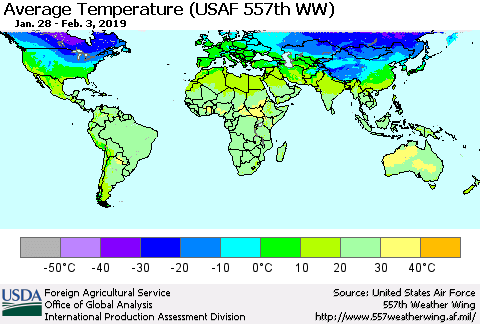 World Average Temperature (USAF 557th WW) Thematic Map For 1/28/2019 - 2/3/2019