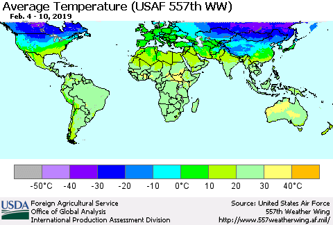 World Average Temperature (USAF 557th WW) Thematic Map For 2/4/2019 - 2/10/2019