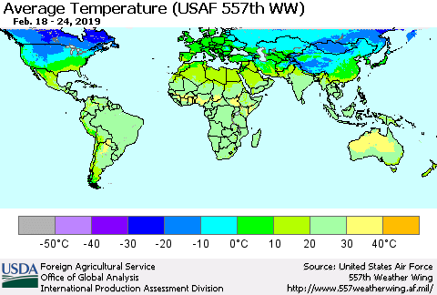 World Average Temperature (USAF 557th WW) Thematic Map For 2/18/2019 - 2/24/2019