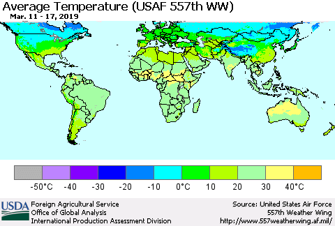 World Average Temperature (USAF 557th WW) Thematic Map For 3/11/2019 - 3/17/2019