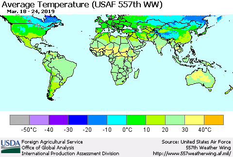World Average Temperature (USAF 557th WW) Thematic Map For 3/18/2019 - 3/24/2019