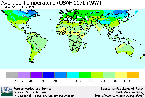 World Average Temperature (USAF 557th WW) Thematic Map For 3/25/2019 - 3/31/2019