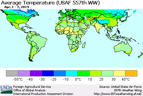 World Average Temperature (USAF 557th WW) Thematic Map For 4/1/2019 - 4/7/2019