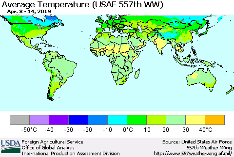 World Average Temperature (USAF 557th WW) Thematic Map For 4/8/2019 - 4/14/2019