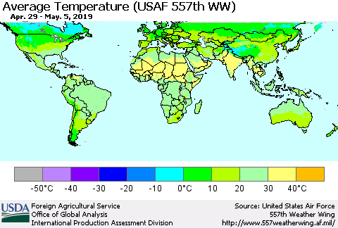 World Average Temperature (USAF 557th WW) Thematic Map For 4/29/2019 - 5/5/2019