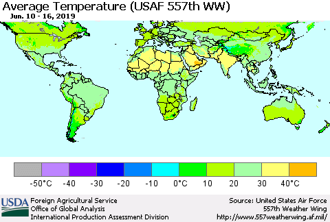 World Average Temperature (USAF 557th WW) Thematic Map For 6/10/2019 - 6/16/2019