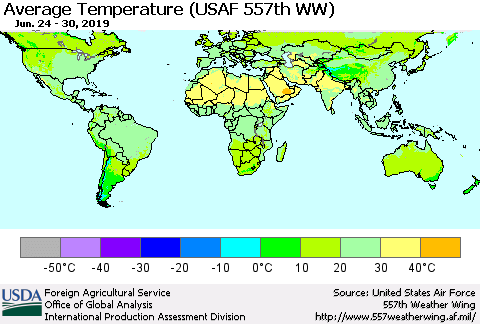 World Average Temperature (USAF 557th WW) Thematic Map For 6/24/2019 - 6/30/2019