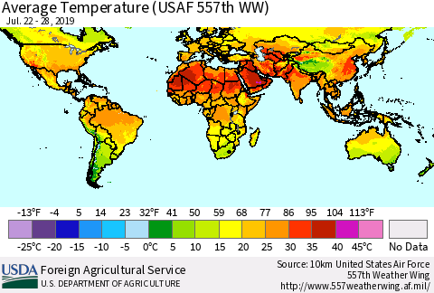 World Average Temperature (USAF 557th WW) Thematic Map For 7/22/2019 - 7/28/2019