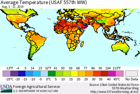 World Average Temperature (USAF 557th WW) Thematic Map For 8/5/2019 - 8/11/2019