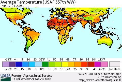 World Average Temperature (USAF 557th WW) Thematic Map For 8/12/2019 - 8/18/2019