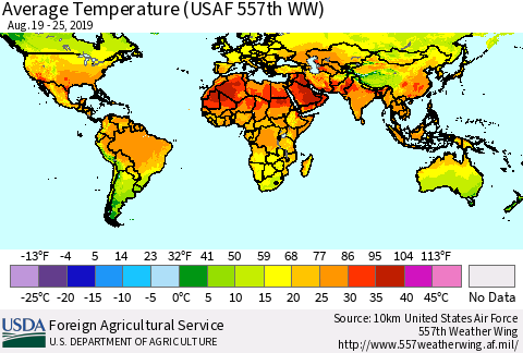World Average Temperature (USAF 557th WW) Thematic Map For 8/19/2019 - 8/25/2019
