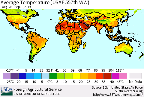 World Average Temperature (USAF 557th WW) Thematic Map For 8/26/2019 - 9/1/2019