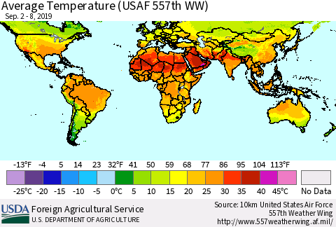 World Average Temperature (USAF 557th WW) Thematic Map For 9/2/2019 - 9/8/2019