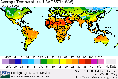 World Average Temperature (USAF 557th WW) Thematic Map For 10/7/2019 - 10/13/2019