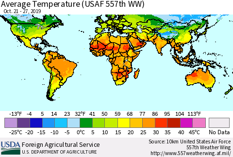 World Average Temperature (USAF 557th WW) Thematic Map For 10/21/2019 - 10/27/2019