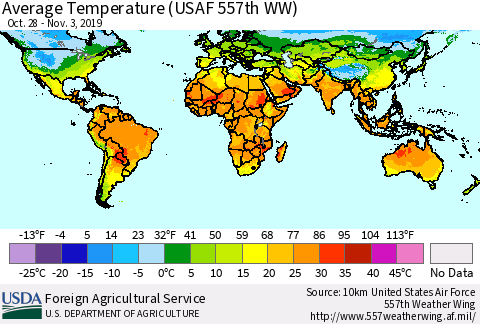 World Average Temperature (USAF 557th WW) Thematic Map For 10/28/2019 - 11/3/2019
