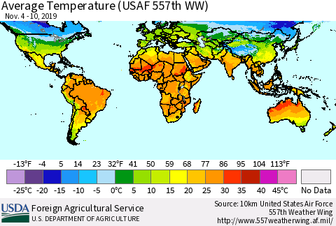 World Average Temperature (USAF 557th WW) Thematic Map For 11/4/2019 - 11/10/2019