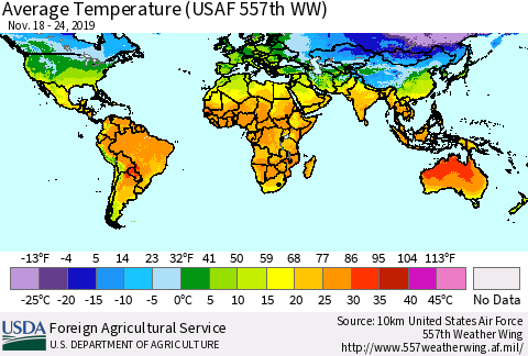 World Average Temperature (USAF 557th WW) Thematic Map For 11/18/2019 - 11/24/2019