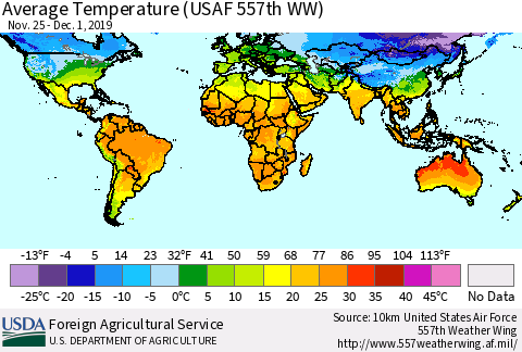 World Average Temperature (USAF 557th WW) Thematic Map For 11/25/2019 - 12/1/2019