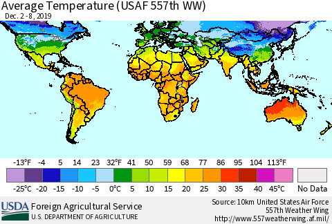 World Average Temperature (USAF 557th WW) Thematic Map For 12/2/2019 - 12/8/2019