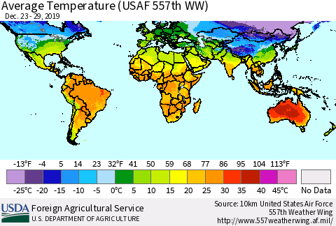 World Average Temperature (USAF 557th WW) Thematic Map For 12/23/2019 - 12/29/2019