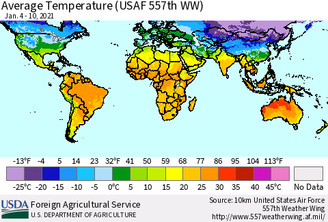 World Average Temperature (USAF 557th WW) Thematic Map For 1/4/2021 - 1/10/2021
