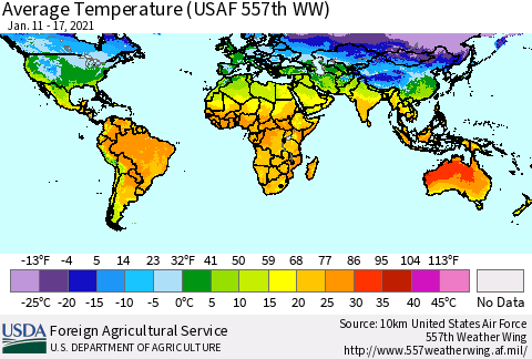 World Average Temperature (USAF 557th WW) Thematic Map For 1/11/2021 - 1/17/2021