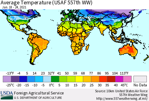 World Average Temperature (USAF 557th WW) Thematic Map For 1/18/2021 - 1/24/2021