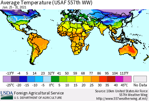 World Average Temperature (USAF 557th WW) Thematic Map For 1/25/2021 - 1/31/2021