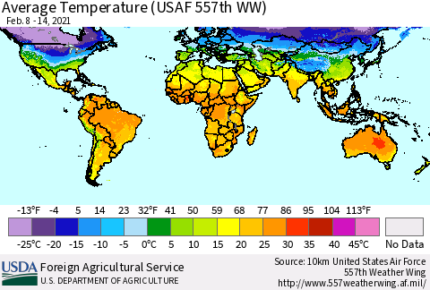 World Average Temperature (USAF 557th WW) Thematic Map For 2/8/2021 - 2/14/2021