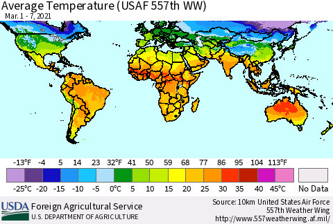 World Average Temperature (USAF 557th WW) Thematic Map For 3/1/2021 - 3/7/2021