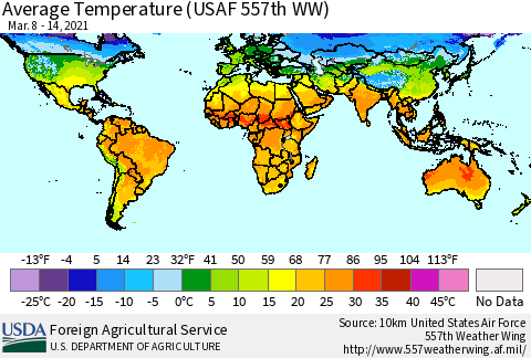 World Average Temperature (USAF 557th WW) Thematic Map For 3/8/2021 - 3/14/2021