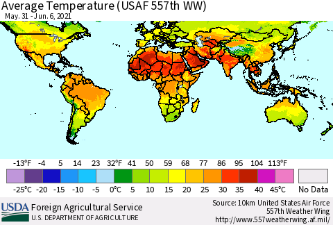 World Average Temperature (USAF 557th WW) Thematic Map For 5/31/2021 - 6/6/2021
